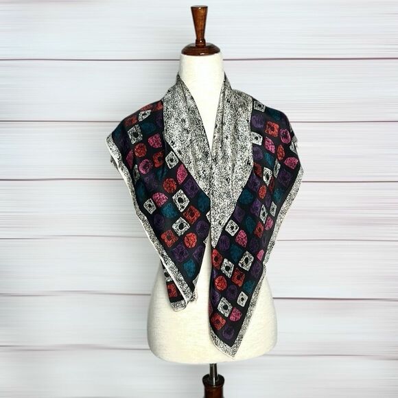 Albert Nipon Silk Square Scarf Abstract White Black Multicolor Geometric Trim - Picture 5 of 9